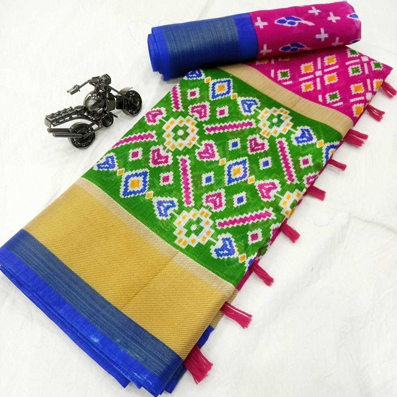 Ikkat Cotton Linen Saree  (Green)
