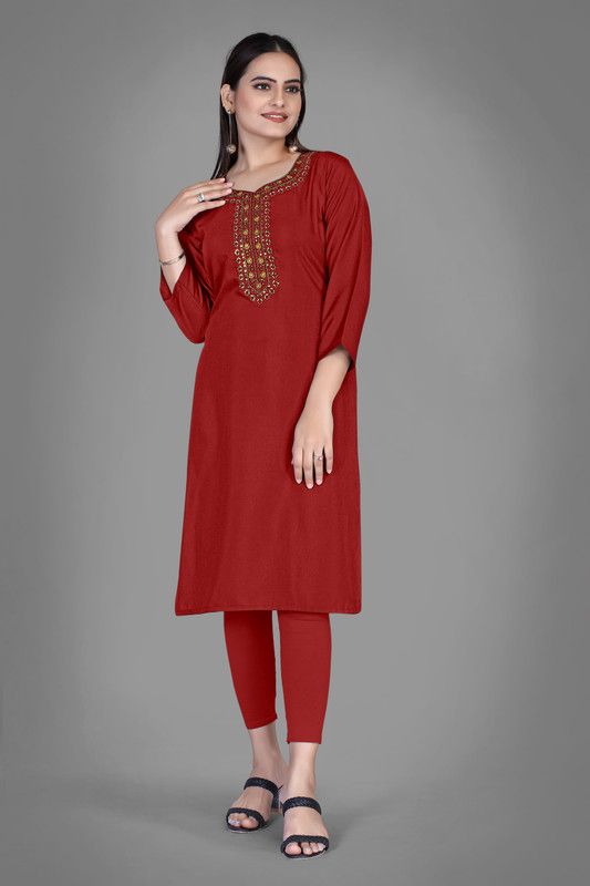 Women Embroidered Cotton Rayon A-line Kurta  (Red)