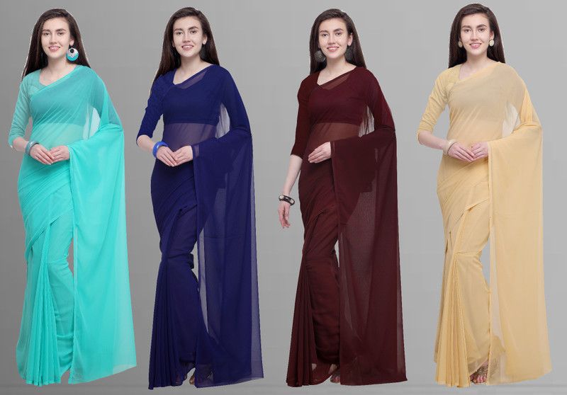 Solid/Plain Bollywood Chiffon Saree  (Pack of 4, Dark Blue, Light Blue, Brown, Beige)