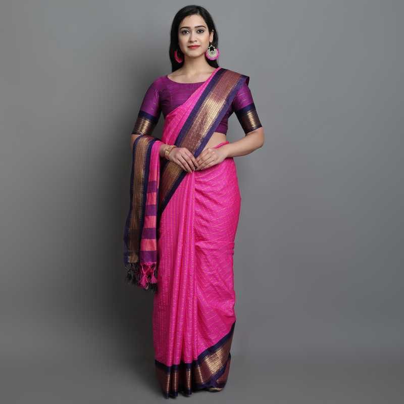 Woven Maheshwari Cotton Blend Saree  (Pink)
