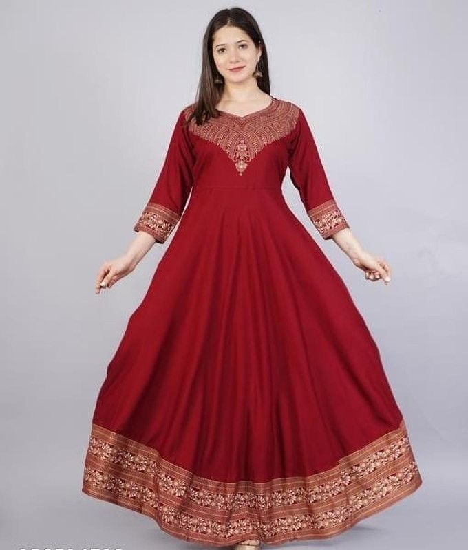 Women Printed Viscose Rayon Flared Kurta  (Maroon, Gold)