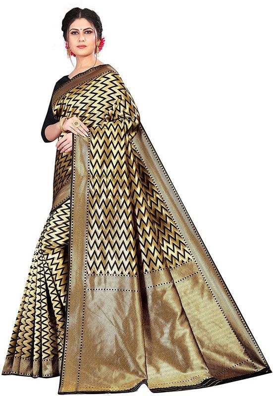 Woven Banarasi Silk Blend Saree  (Black, Gold)