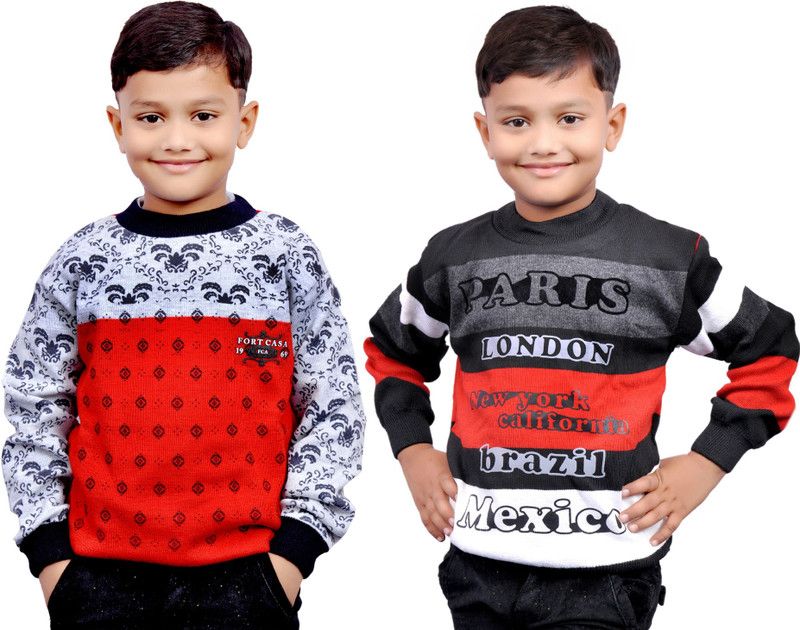 Boys Printed Round Neck Red, Black Sweater
