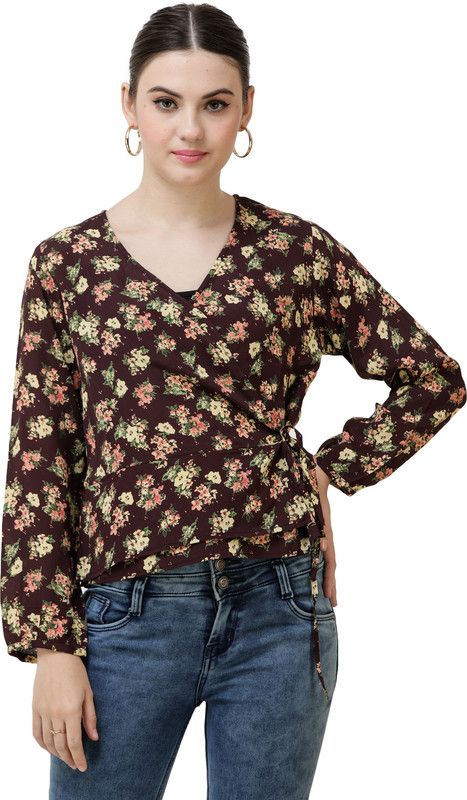 Casual Regular Sleeves Printed, Floral Print Women Brown Top