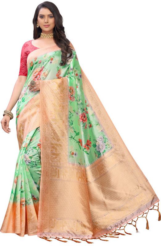 Printed, Digital Print, Woven, Floral Print Banarasi Silk Blend Saree  (Green)