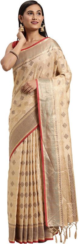 Embellished, Embroidered, Floral Print, Paisley, Woven Fashion Chanderi Saree  (Beige)