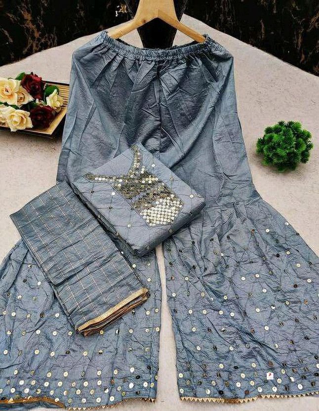 Semi Stitched Cotton Silk Kurta & Palazzo Material Embellished