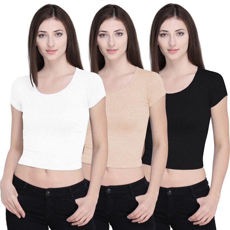 Pack of 3 Casual Regular Sleeves Solid Women White, Black, Beige Top