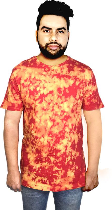 Scrunch Washed tshirt Couple Abstract, Washed/Ombre Round Neck Pure Cotton Red T-Shirt