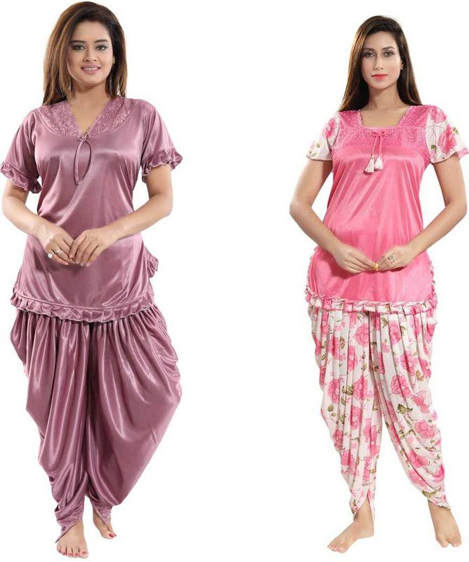 Women Top & Pyjama Set Purple, Pink Printed