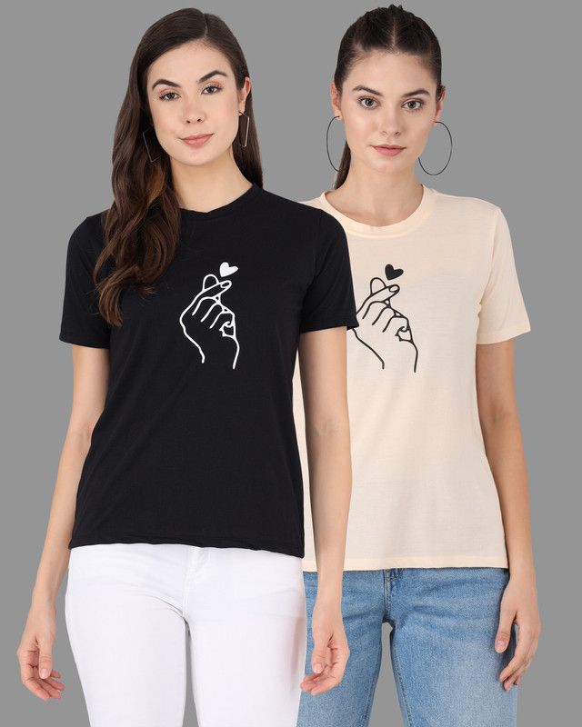 Pack of 2 Women Printed Round Neck Pure Cotton Black, Pink T-Shirt