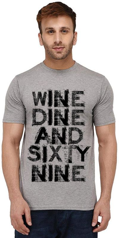 Wine Dine 69 Men Printed Round Neck Pure Cotton Grey T-Shirt