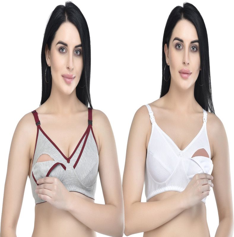 Pack of 2 Women Maternity/Nursing Non Padded Bra  (Grey, White)