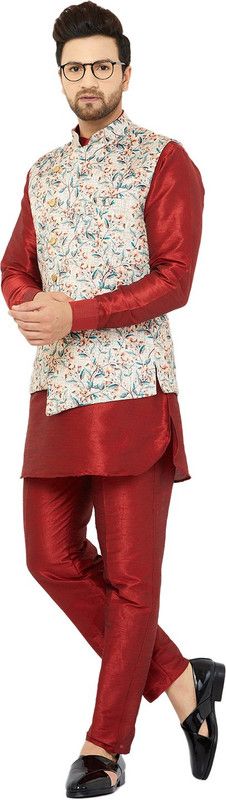 Men Satin Ethnic Jacket, Kurta and Pant Set