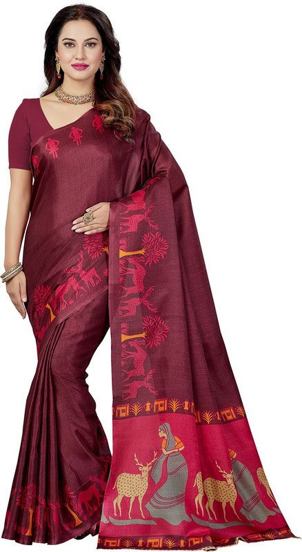 Printed Madhubani Silk Blend Saree  (Maroon)