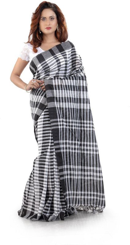 Checkered Handloom Cotton Blend Saree  (Black)