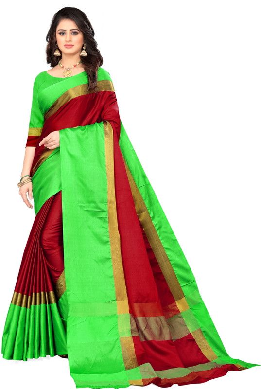 Color Block Daily Wear Cotton Blend Saree  (Green, Maroon)