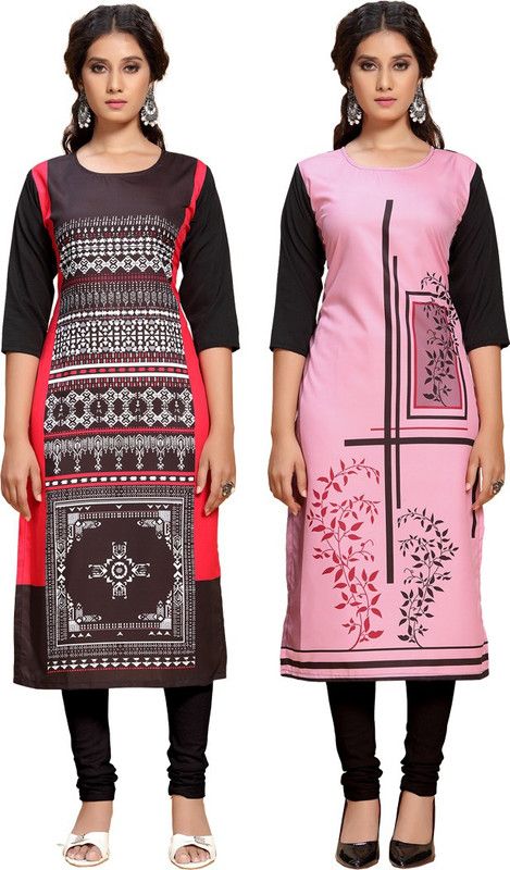Pack of 2 Women Printed Crepe Straight Kurta  (Black, Pink)