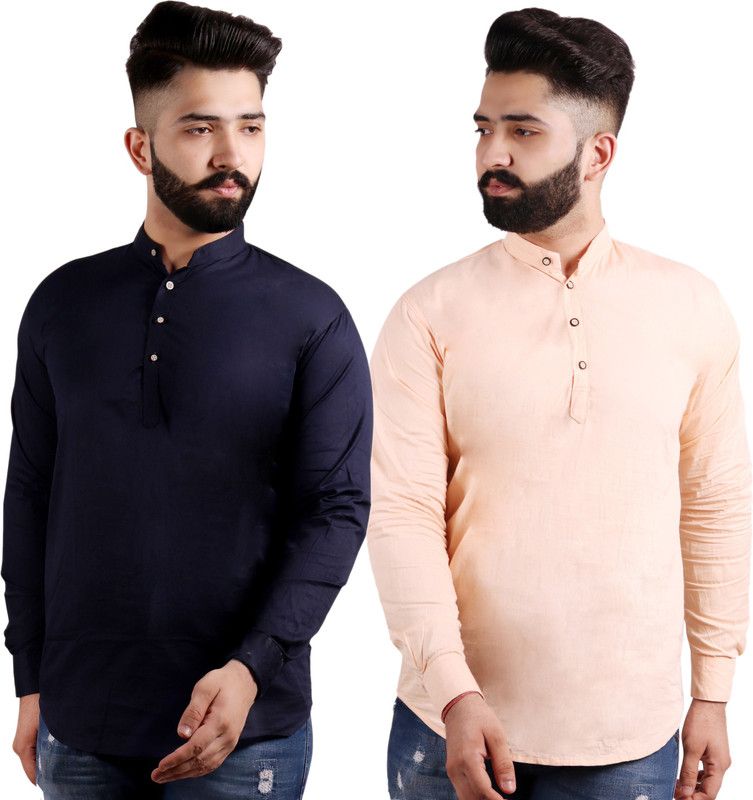 Pack of 2 Men Solid Cotton Blend Straight Kurta  (Dark Blue, Beige)