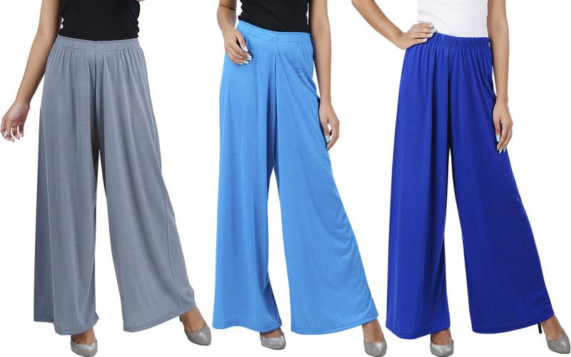Pack of 3 Women Flared Grey, Blue, Blue Cotton Blend Trousers