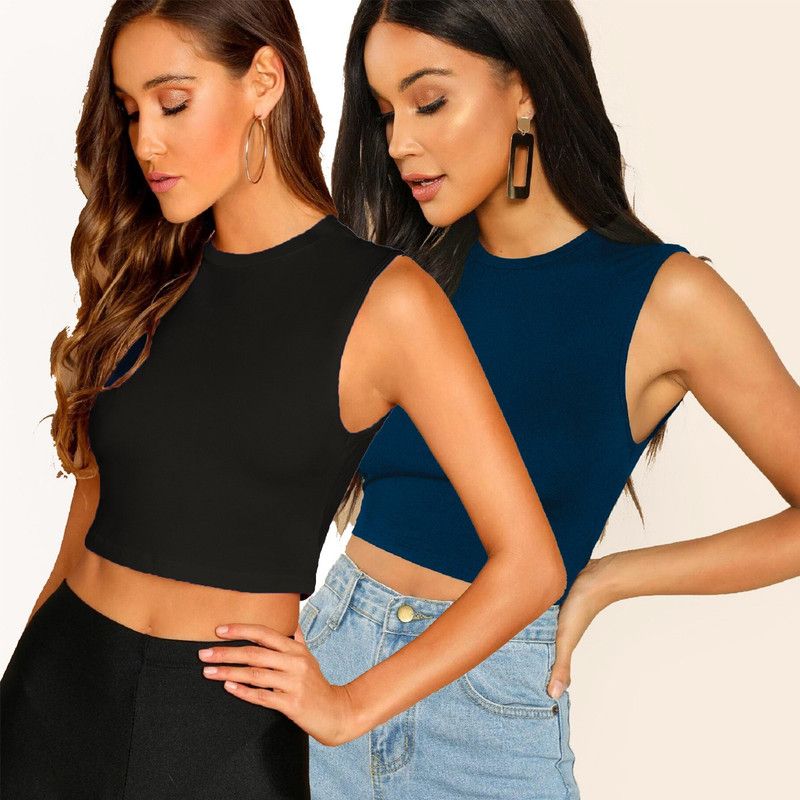 Pack of 2 Casual Sleeveless Solid Women Dark Blue, Black Top
