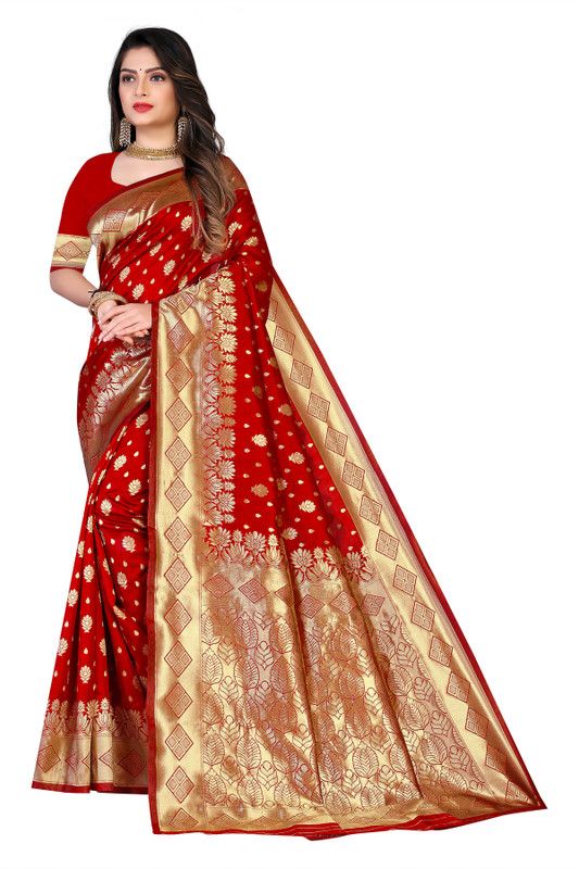 Banarasi Pure Silk, Cotton Silk Saree  (Red, Gold)