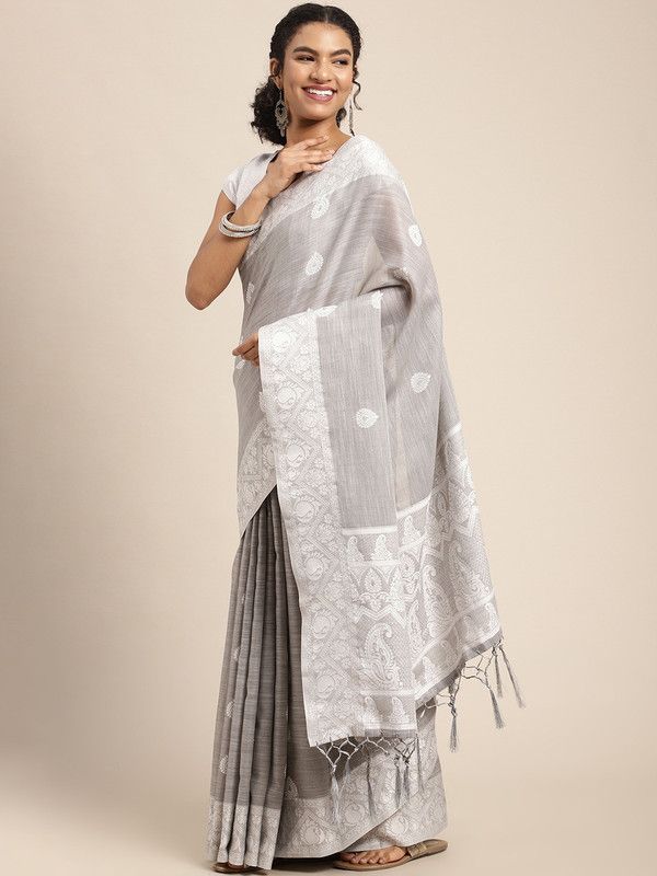 Paisley Kovai Linen Saree  (Grey)