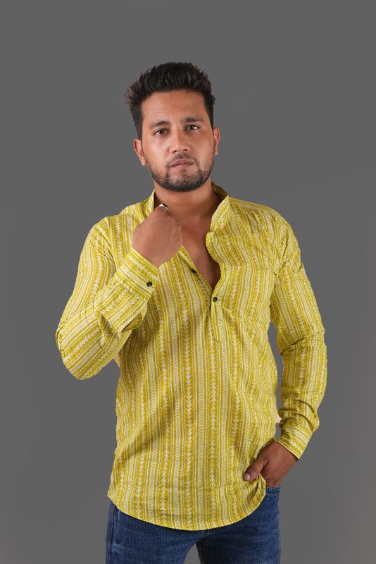 Men Printed Cotton Silk Straight Kurta  (Yellow)
