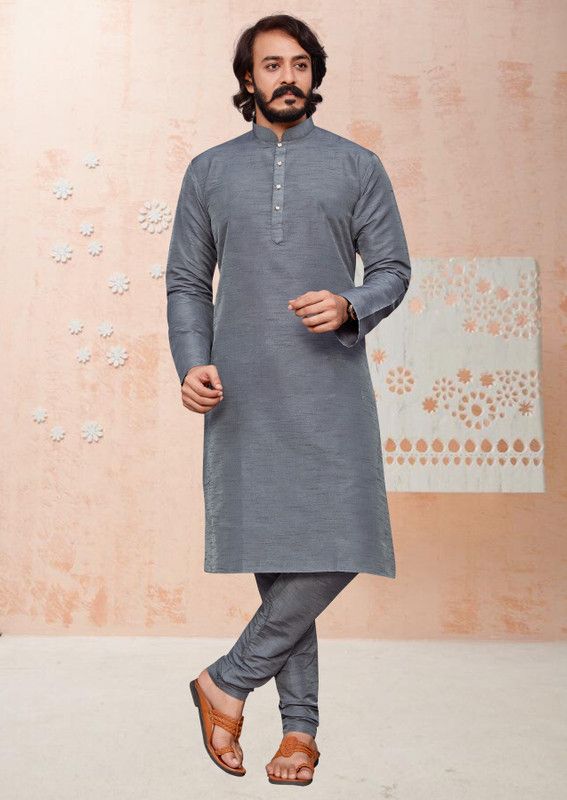 Men Woven Design Cotton Silk Straight Kurta  (Grey)