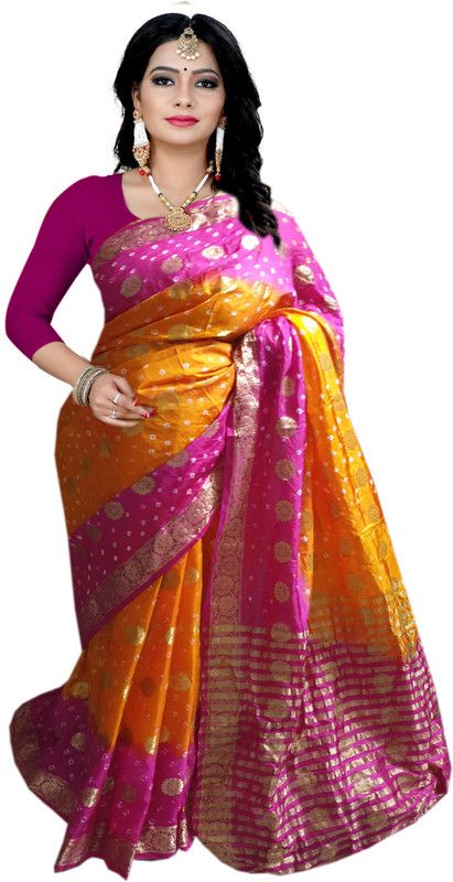 Hand Painted, Woven Bandhani Art Silk Saree  (Pink, Orange)