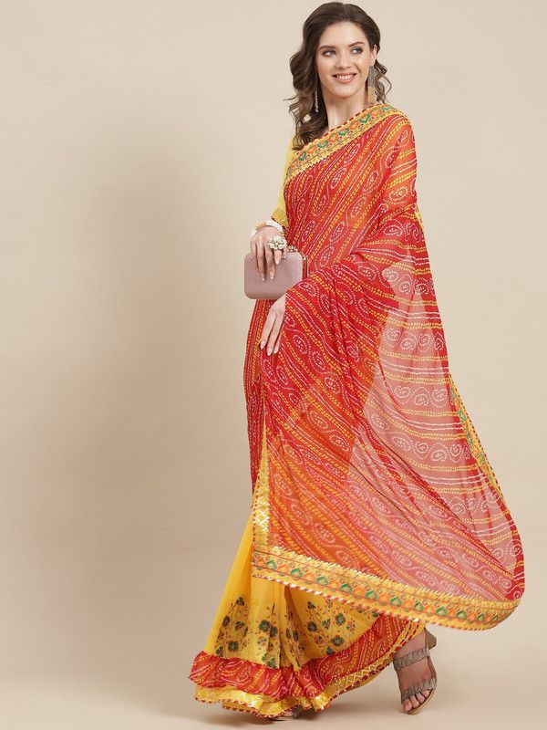 Printed, Embroidered Bandhani Georgette Saree  (Red, Yellow)