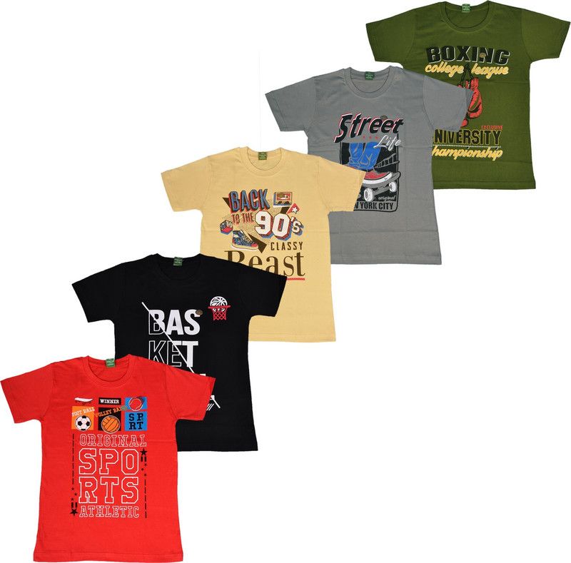 Boys & Girls Printed, Graphic Print Pure Cotton T Shirt  (Multicolor, Pack of 5)