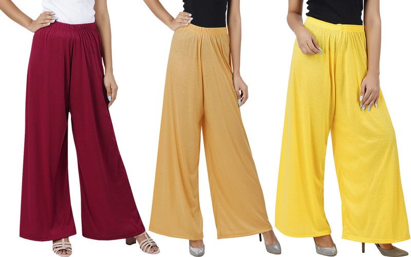 Pack of 3 Women Flared Maroon, Brown, Yellow Cotton Blend Trousers