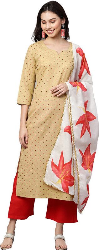 Women Polka Print Kurta  (Beige)