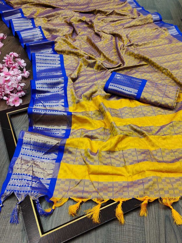 Temple Border, Woven, Solid/Plain Bollywood Art Silk, Cotton Silk Saree  (Mustard)