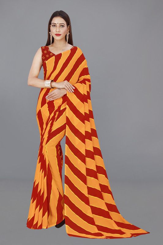 Striped Bollywood Georgette Saree  (Red, Orange)