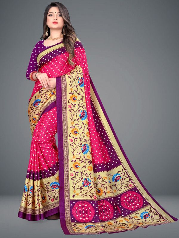 Printed, Paisley, Ombre, Floral Print Bandhani Silk Blend Saree  (Magenta, Pink)
