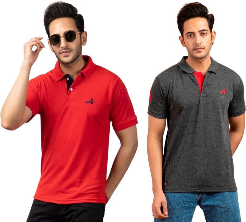 Pack of 2 Men Solid Polo Neck Cotton Blend Multicolor, Red T-Shirt
