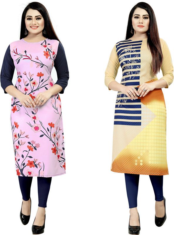Pack of 2 Women Printed Crepe Straight Kurta  (Dark Blue, Pink, Orange, Beige)