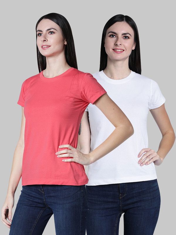 Pack of 2 Women Solid Round Neck Cotton Blend White, Pink T-Shirt
