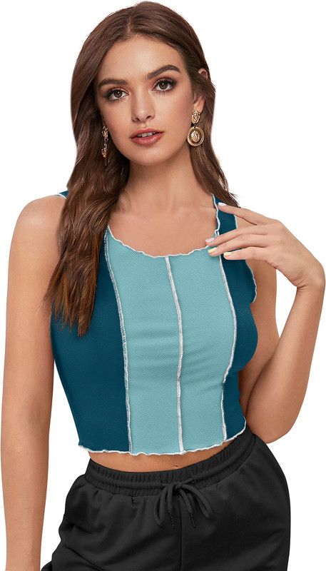 Casual Sleeveless Color Block Women Light Green Top