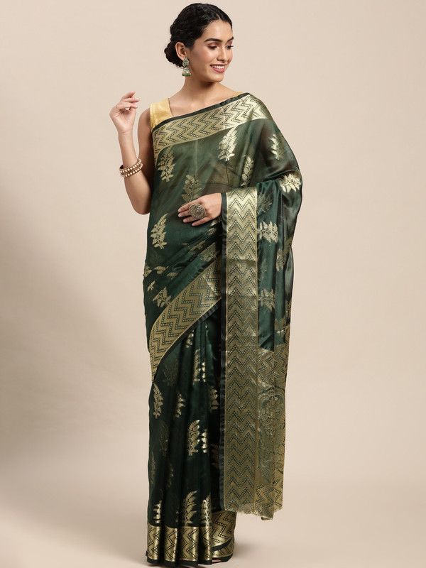 Floral Print Kanjivaram Organza Saree  (Dark Green)