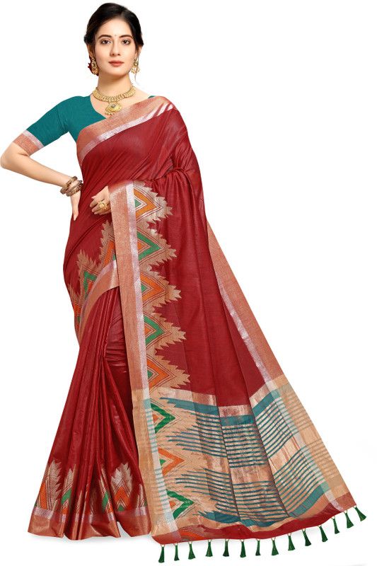 Printed, Self Design Chanderi Jacquard, Cotton Silk Saree  (Maroon)