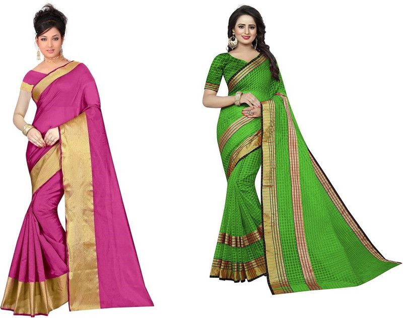 Woven Paithani Cotton Silk Saree  (Pack of 2, Pink, Light Green)
