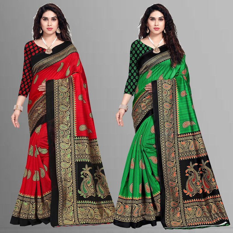 Printed Mysore Art Silk, Cotton Silk Saree  (Pack of 2, Red, Green, Black)