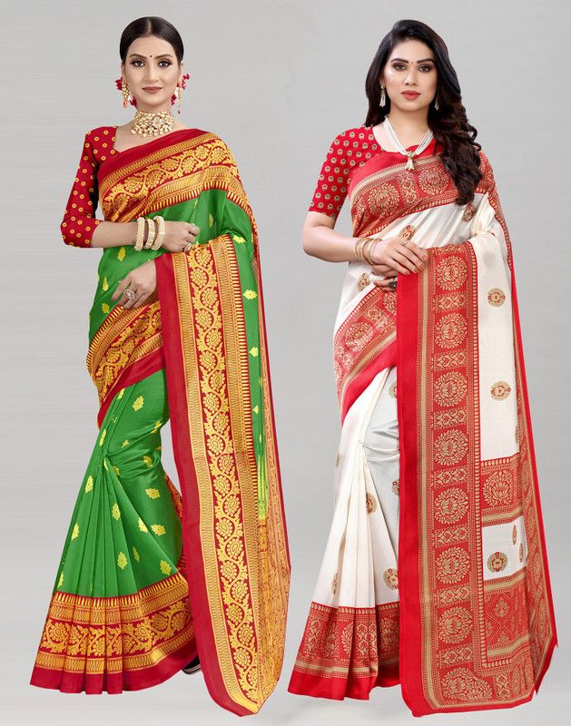 Woven Kanjivaram Cotton Silk Saree  (Pack of 2, Green, White)
