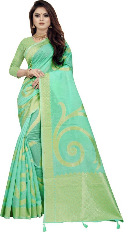 Embroidered, Woven Banarasi Cotton Blend Saree  (Green)