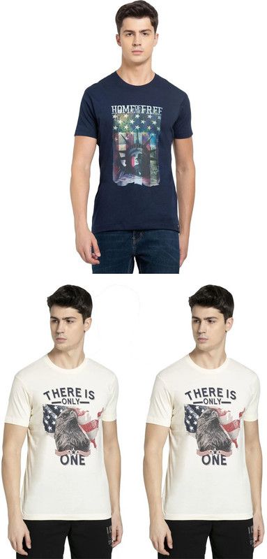 Pack of 3 Men Graphic Print Round Neck Poly Cotton Multicolor T-Shirt