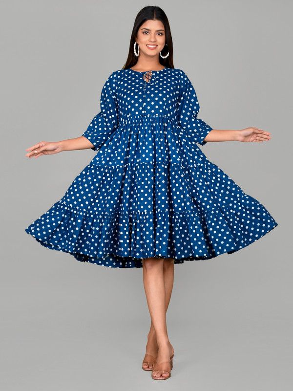 Women Polka Print Pure Cotton Anarkali Kurta  (Blue)