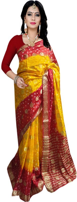 Self Design Bandhani Silk Blend, Art Silk Saree  (Red, Gold)